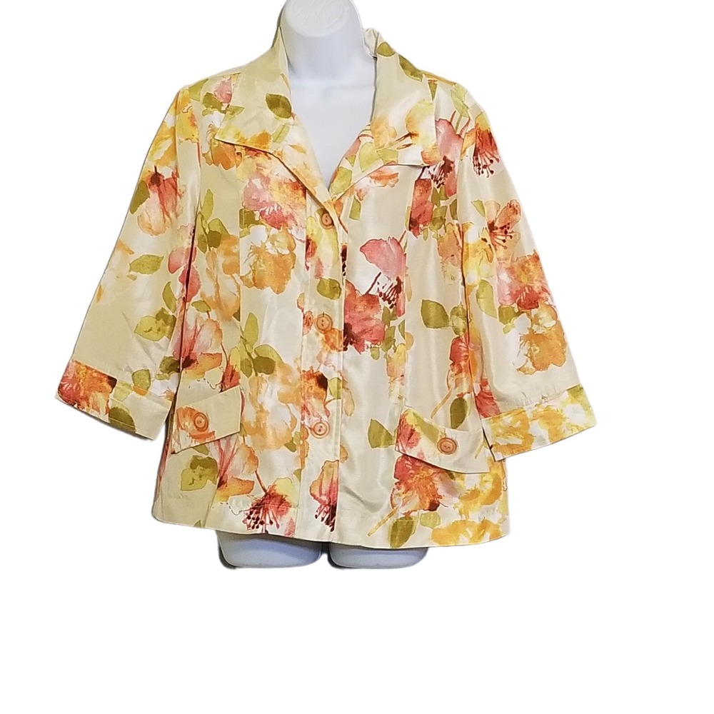 Southern Lady Blazer Women 10 Floral Yellow Orange Shiny 3/4 Sleeve Vintage